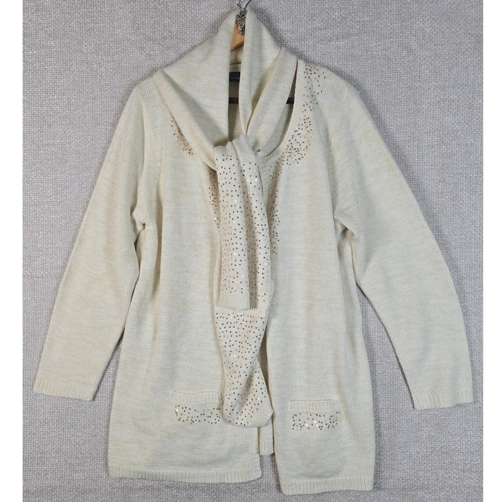 Susan Graver Style Women's Cream Sequin Metallic Knit Cardigan Scarf‎ Set Medium